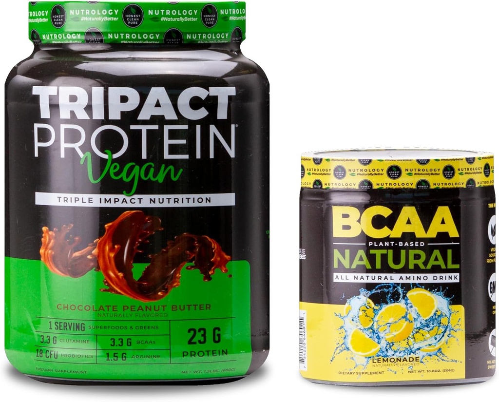 Nutrology TRIPACT Vegan Protein Powder, för Vegan Protein Shakes, Chocolate Peanut Butter (20 Servings) BCAA Natural, Plant Based BCAA Powder, Lemonade Flavor (30 Servings)