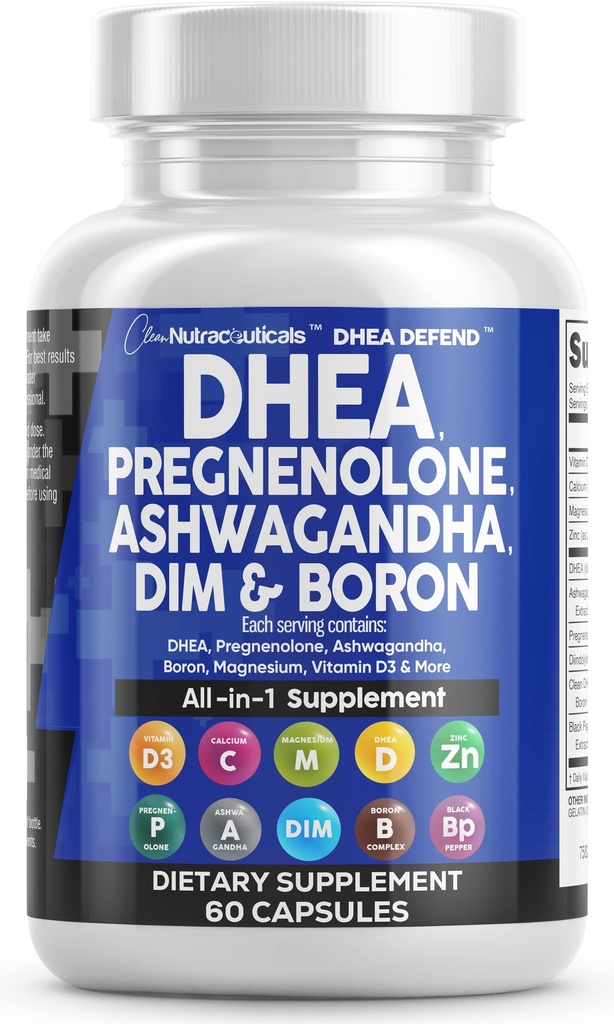 DHEA 200 mg täydennysosa Pregnenolone 100 mg miehille & naisille DIM Ashwagandha Boron 6 mg Complex Kalsium Magnesium Sinkki 50 mg D3 5000 IU Hormoni tuki kapselit valmistetaan USA 60 kreivi