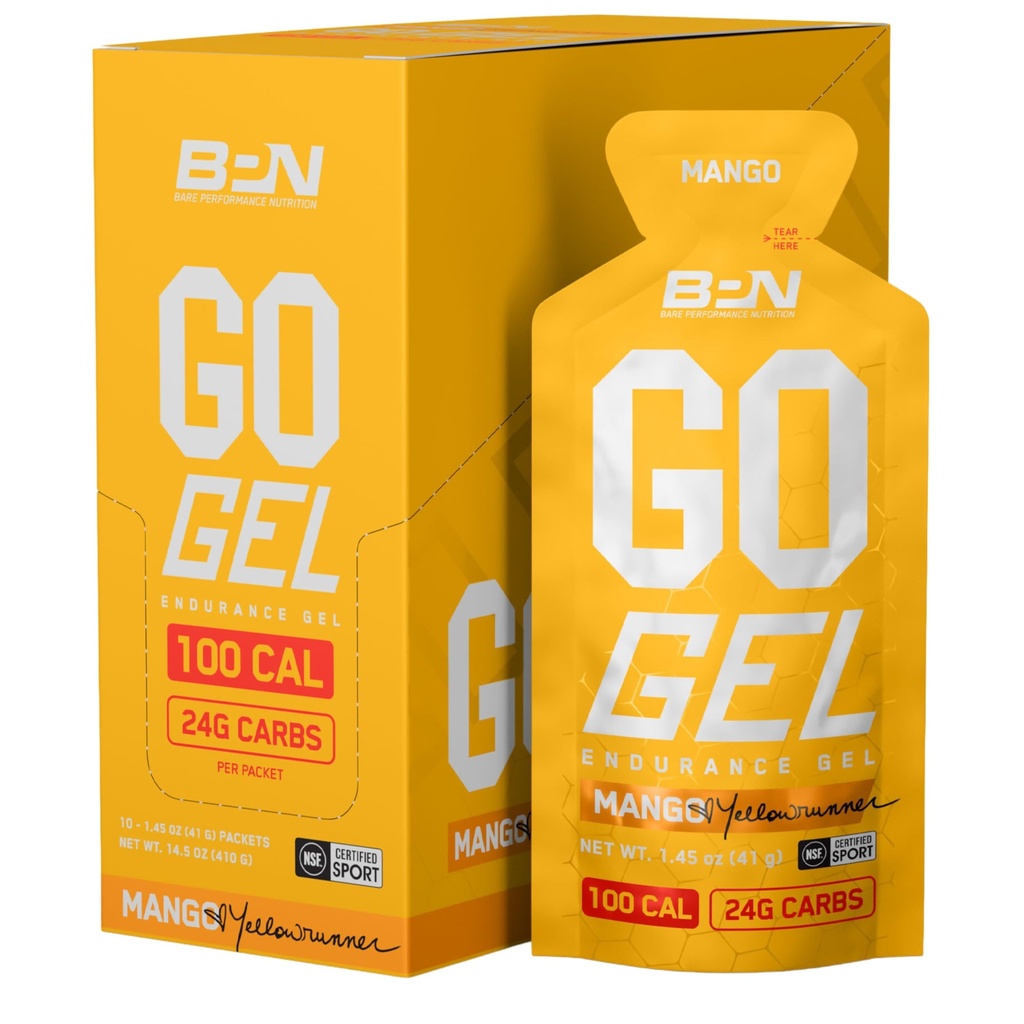 BPN Go Gel Endurance, 24 g hiilihydraatteja & 100 kaloria/ pakkaus, vegaaninen + gluteeniton juoksugeeli, 10 kerta- annospakkausta, mango