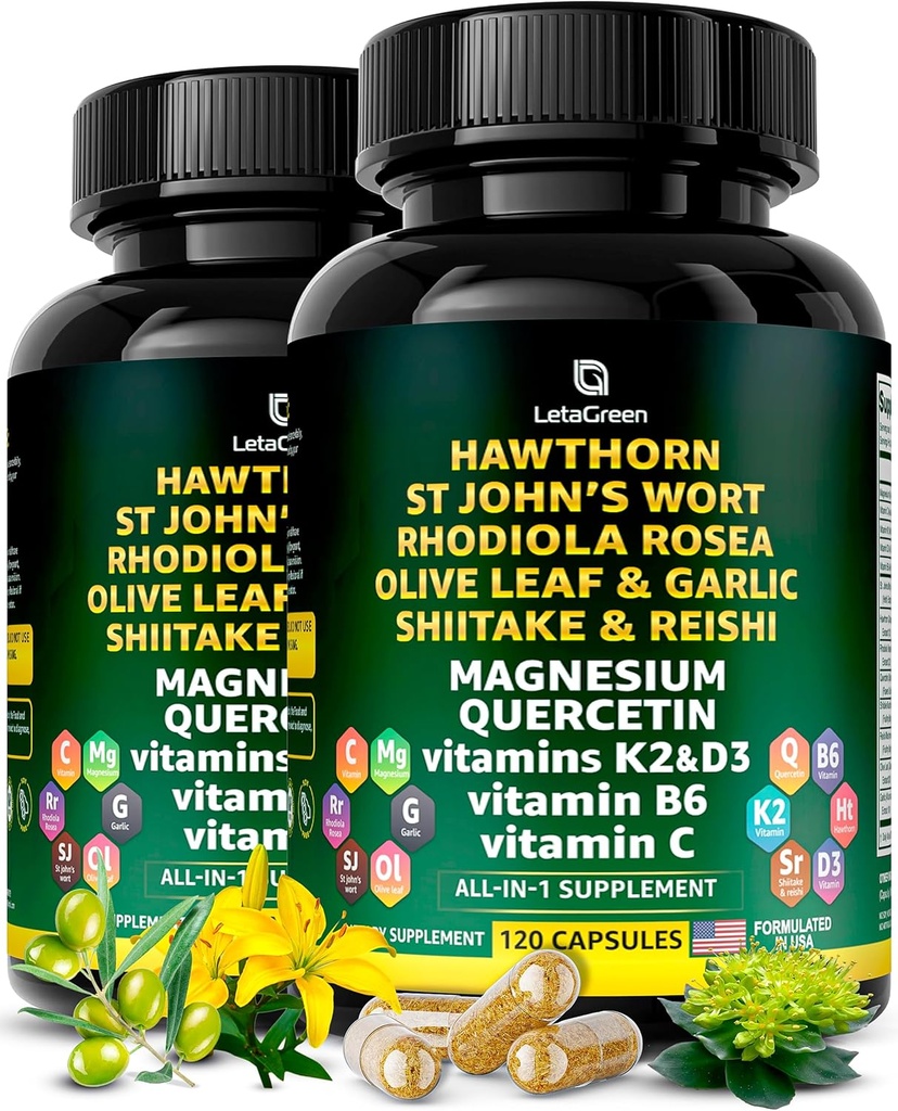 Organic Hawthorn Marjakapselit - Hawthorn Berry with St Johns Wort Rhodiola Rosea Olive Leaf Shiitake Reishi Mushroom Quercetin & C-vitamiini, D3, K2, B6 & Magnesium (240 Count)