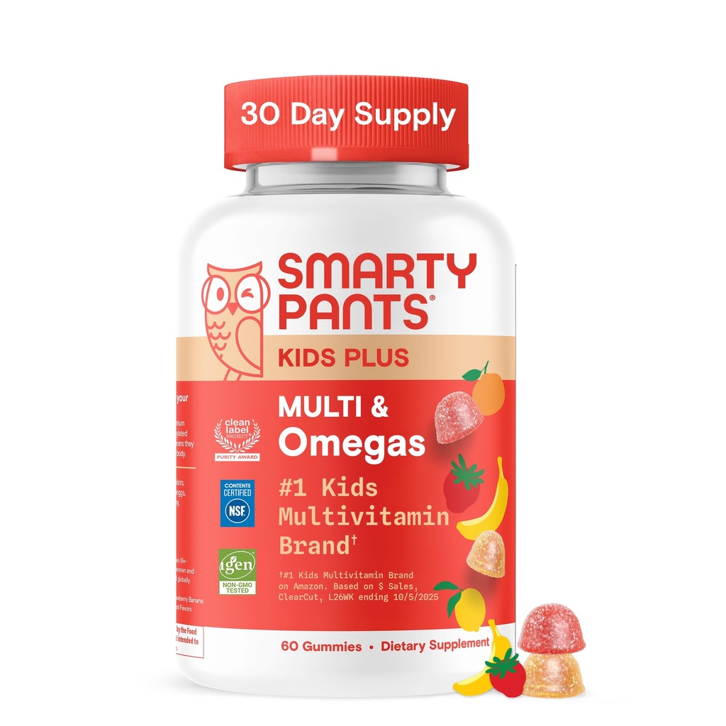 SmartyPants Kids Multivitamiini Gummies - Parannettu Formula: Omega 3 (DHA/EPA), vitamiinit D3, C, B12, B6, A-vitamiini, K & Sinkki, Gluteeniton, Kolme hedelmän makuja, 60 Count (30 päivän tarjonta)