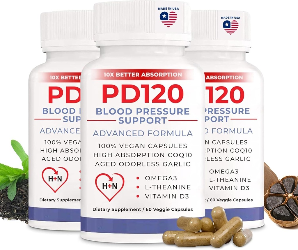 Blodtryckstillägg för att hjälpa till att minska högt blodtryck naturligt, Q10, kväveoxid, svart odörd vitlök, Omega 3, L-Theanin, vitamin D3 för blodtrycksstöd