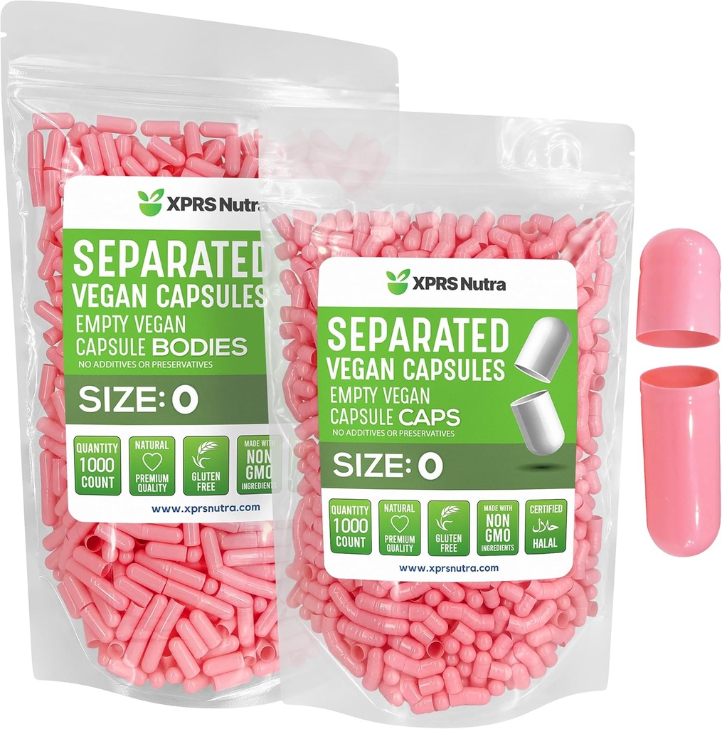 XPRS Nutra Vegan Size 0 Separerade kapslar - 1000 greve Premium Empty Capsules Separerade i väskor - 0 piller för DIY Supplement Filling (rosa)