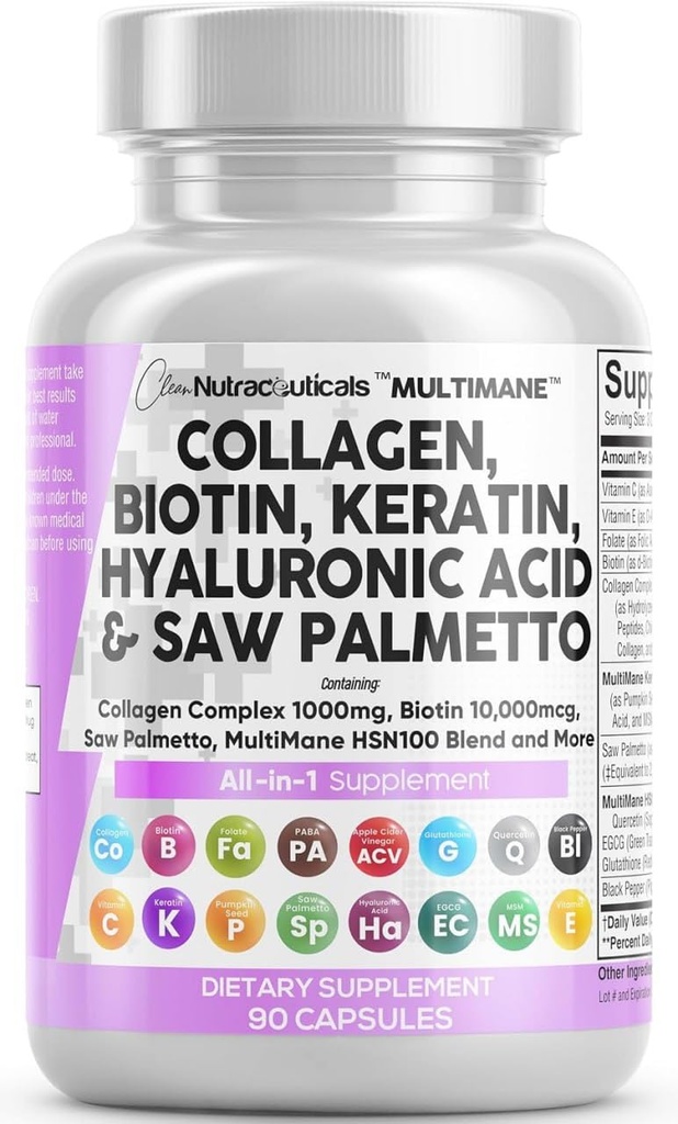 Clean Nutraceuticals Collagen Pills 1000mg Biotin 10000mcg Keratin Saw Palmetto Hyaluronic Acid - Hår Skin & Nails Vitaminer & DHT Blocker med Vitamin E Folic Acid Pumpkin Seed MSM - 90 Count