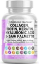 Clean Nutraceuticals Collagen Pillerit 1000 mg Biotiini 10000 mcg Keratin Saha Palmetto Hyaluronic Acid - Hiusten iho & kynnet Vitamiinit & DHT Blocker E-vitamiini Foolihappo kurpitsa siemen MSM - 90