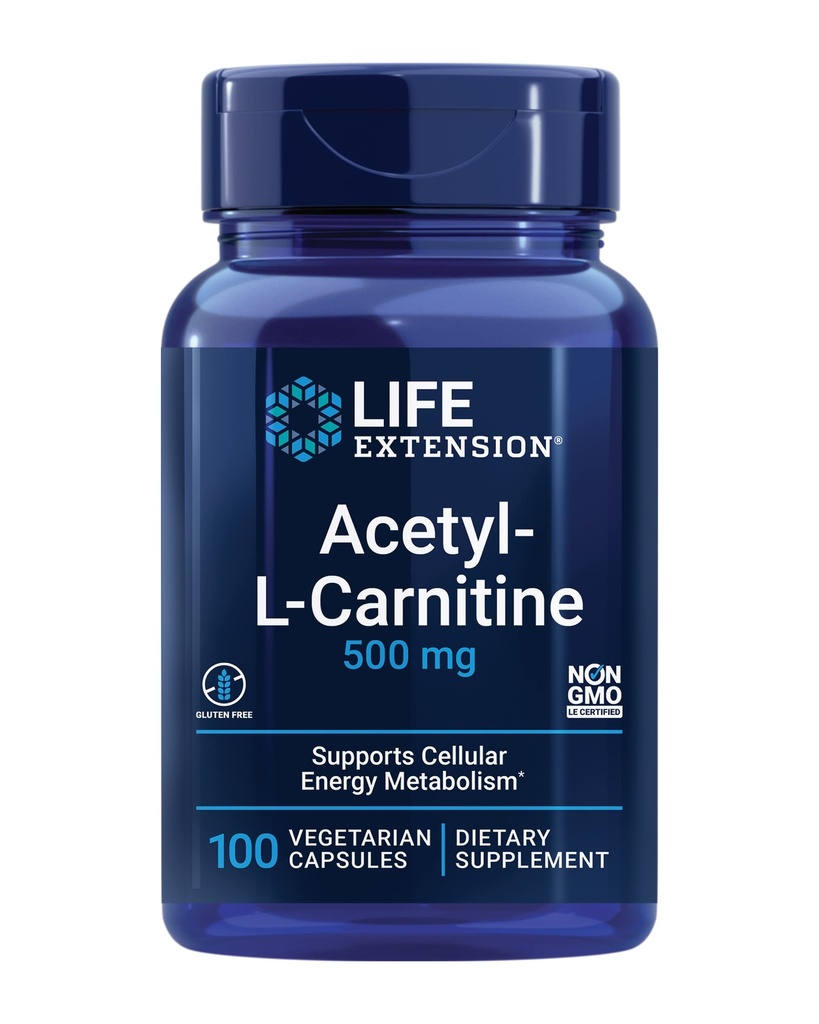 Livslängd Acetyl-L-karnitin, Acetyl-L-karnitin, vitamin C, hjärna, humör och nervhälsa, cellulär energi, 3-månaders leverans, glutenfri, icke-GMO, vegetarisk, 100 kapslar