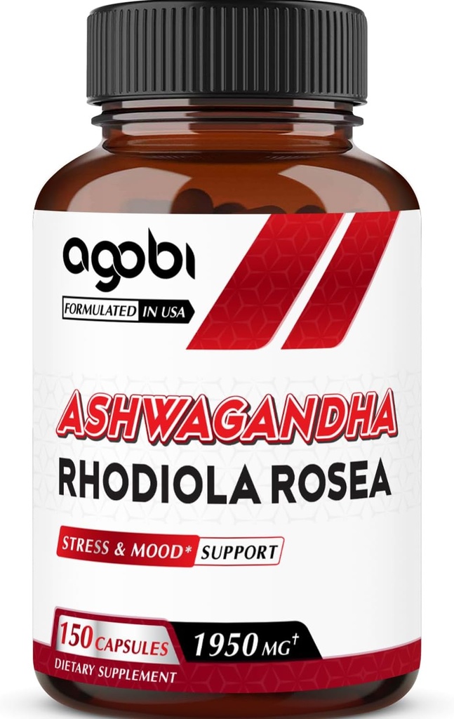 agobi Ashwagandha täydennysosa Rhodiola Rosea 1950mg - Korkea väkevä uute immuunijärjestelmä, vahvuus, energian tuotanto, Focus & kokonaisterveys - 150 kapselia
