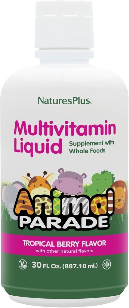 NaturesPlus Animal Parade Lähteenä Elämän Lapsen nestemäinen monivitamiini - Trooppinen Berry Flavor - 30 fl oz - Koko ravintolisä - Kasvisruokaa, Gluteeniton - 60 tarjoilua