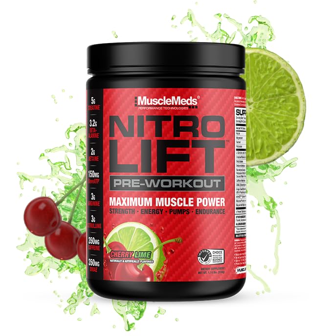 MuscleMeds Nitro Lift Pre workout parantaa kestävyyttä ja lihas suorituskykyä, kirsikkalime, 40 tarjoilua