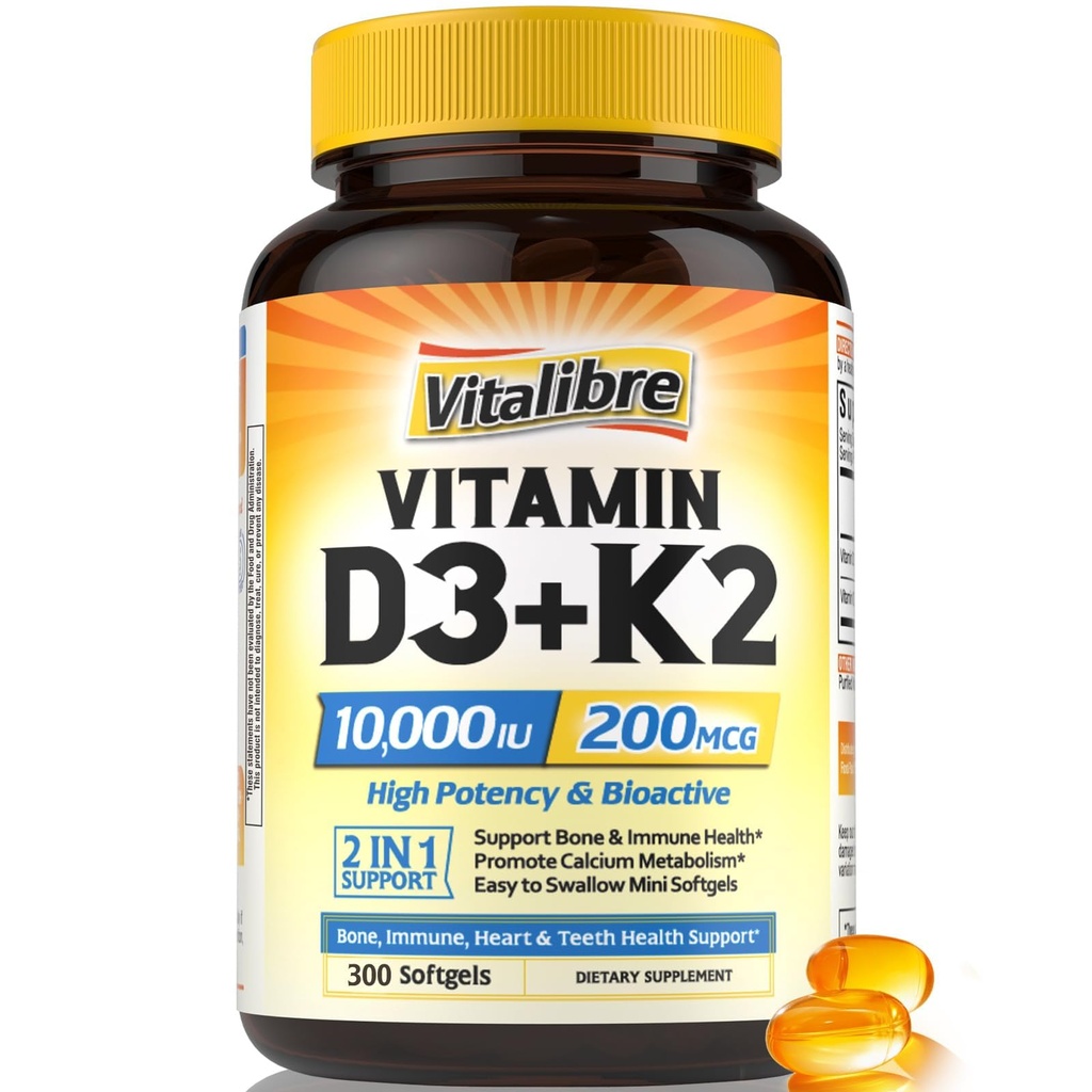 D3- vitamiinin K2- täydennysosa, 10000 IU D3 / 200 mikrog K2 MK7, kalsiumin imeytyminen, luu, sydän, immuuni- ja mielialatuki, tehostettu imeytyminen, ei soijaa, helppo niellä, 300 softgelia