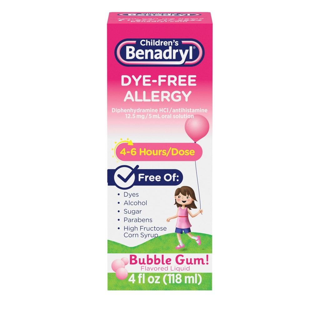 Lasten Benadryl Dye-free Allergy Relief Liquid + 12, 5 mg Difenhydramiini HCl, Antihistamiini Allergia Lääke lapsille auttaa lievittää Runny Nenä & Aivastelu, Kupla Gum Flavor, 4 fl. oz