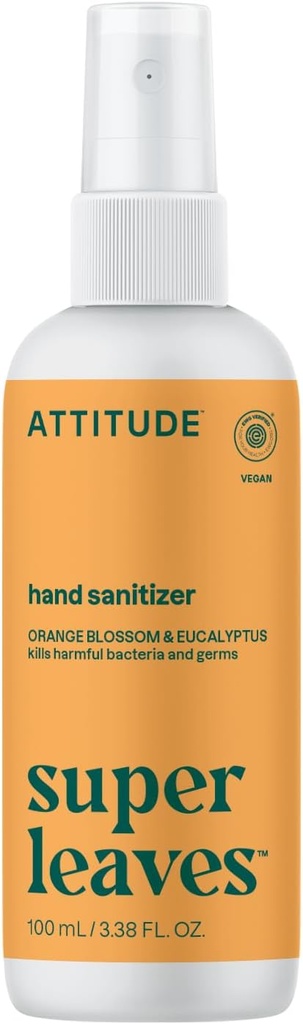 ATTITUDE Hand Sanitizer Spray aikuisille ja lapsille, EWG Varmennettu, Tappavat bakteerit ja germs, Vegan, Orange Blossom & Eucalyptus, 3.38 Fl Oz (Spray Bottle)