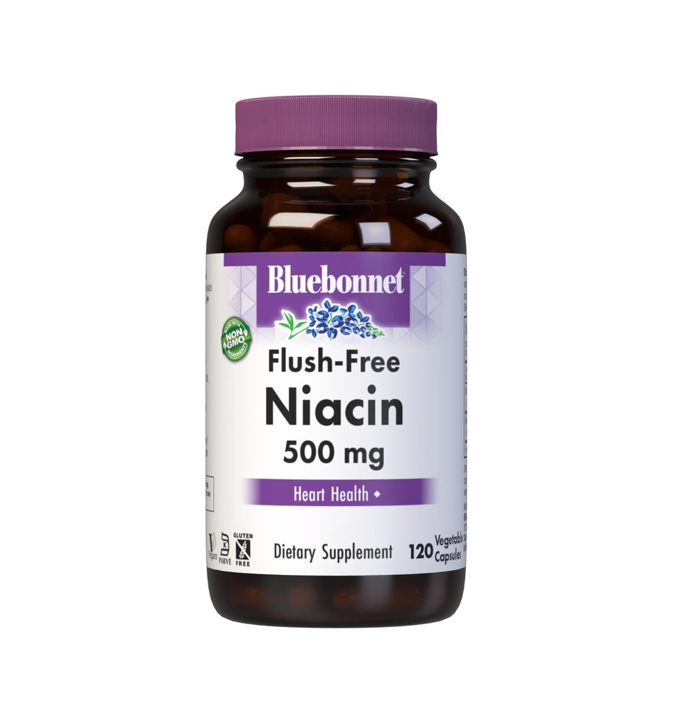 BlueBonnet Nutrition Flush-Free Niacin 500mg, för Nutritional Cardiovascular Support Vegetable Capsules, Soy/Dairy/Gluten Free, Non-GMO, Kosher Certified, Vegan, White, 120 Count