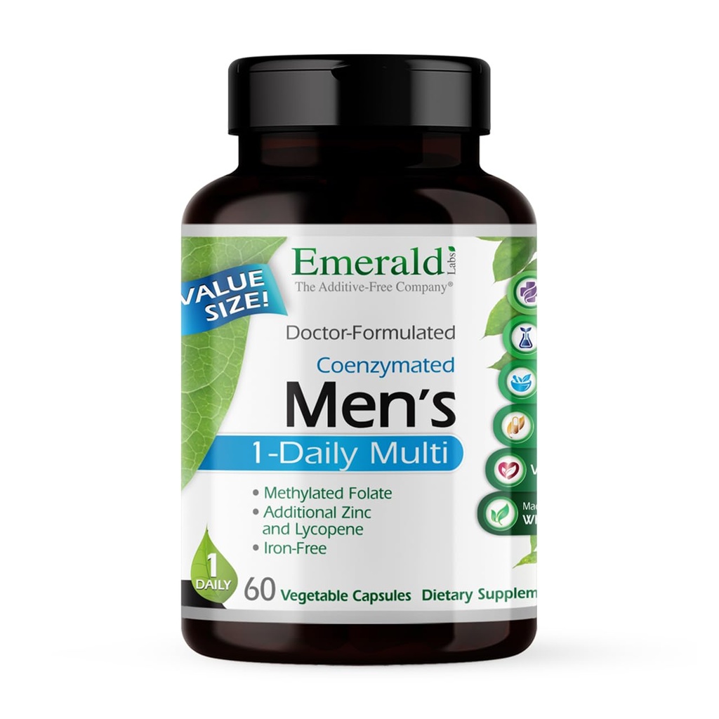 EMERALD LABS Miesten 1 päivittäin Multi - Lisäaineeton miesten monivitamiini - Sisältää lykopeeni, sinkki, D3-vitamiini & enemmän - Tukee luut, Eturauhasen & Vision* - 60 Vihanneskapselit