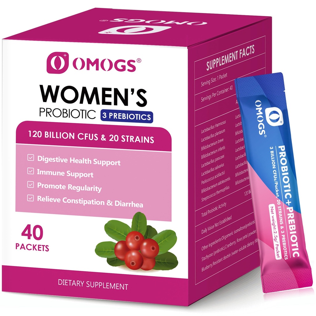 OMOGS Naisten Probiootti,120-Billion-CCFU, 18 kanta, 3 Prebiootit ja karpalouute, Apua immuuni Booster, Ruoansulatuskanavan, Gut Health ja emättimen terveys