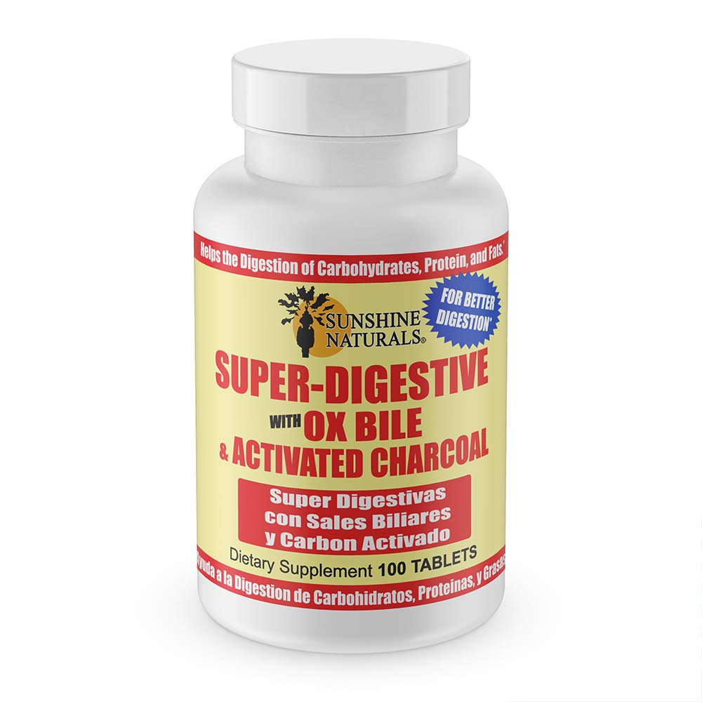 Sunshine Naturals Super Digestive Supplement. Ox Bile & Aktiverad Charcoal för Digestive Support, Bloating Relief, Gut Cleanse, Nutrient Absorption och främjar övergripande Wellness. 100 tabletter.