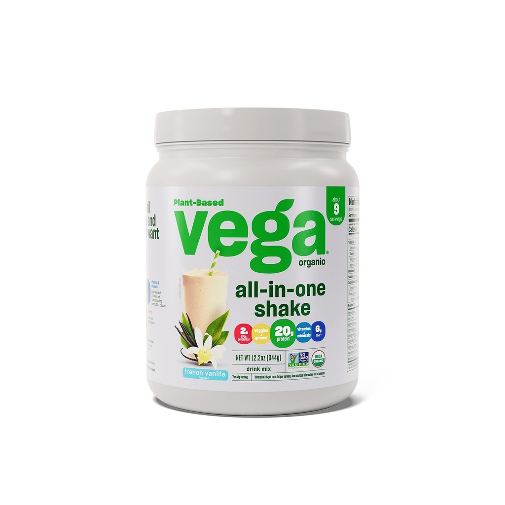 Vega Organic All-in-One Vegan Protein Powder, French Vanilla - Superfood Ingredients, Vitaminer för immunitetssupport, Keto Friendly, Pea Protein för kvinnor och män, 12.2 oz (Packaging May Vary)