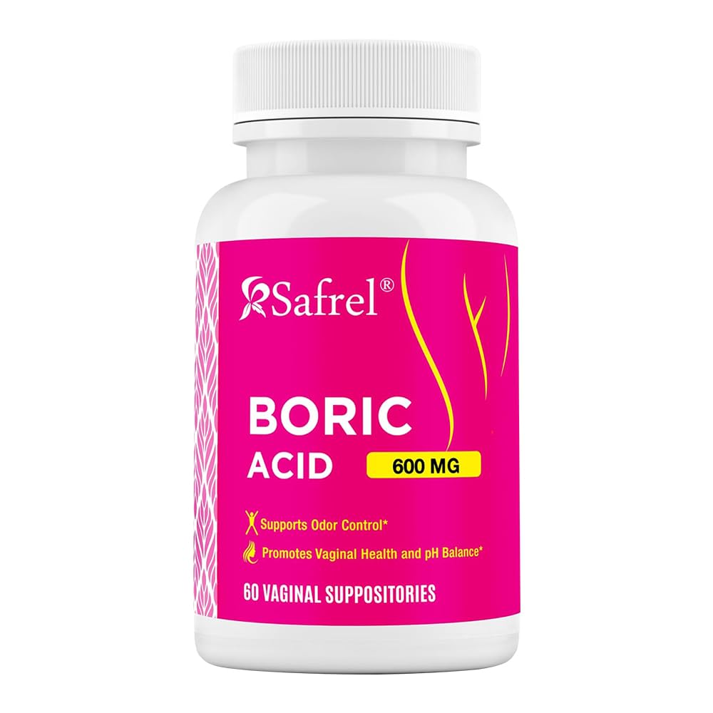 Safrel Boric Acid Vaginal Suppositories - 60 Count (1-Pack) . 100% Pure USA-Made, tukee intiimi & emätin terveys, pH Balance, Odor Control - naisten hyvinvointi Essential