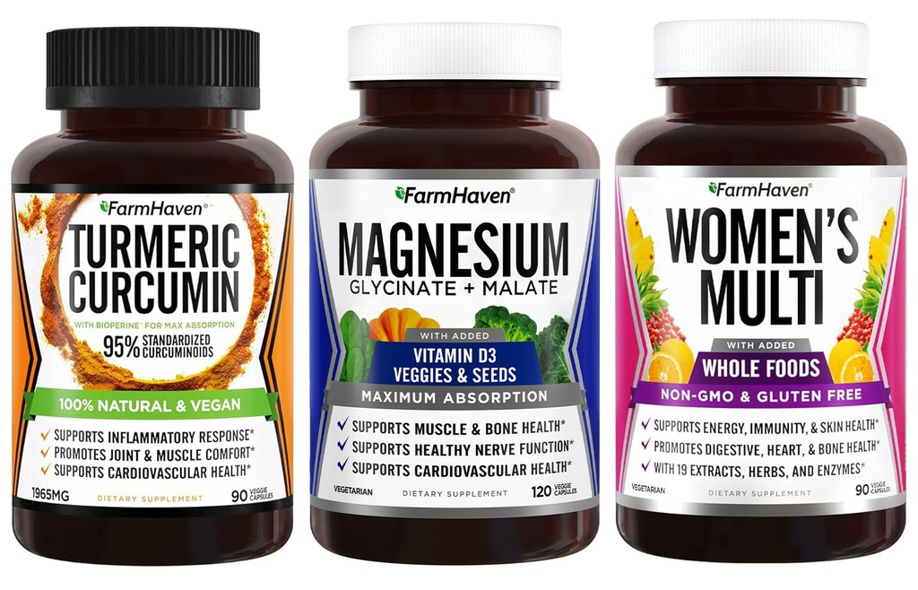 FarmHaven Magnesium + Multivitamin för kvinnor + gurkmeja Curcumin med BioPerine Black Pepper