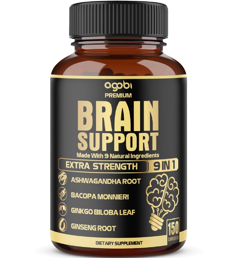 agobi 9in1 Brain Support Supplement - Blend with Ashwagandha, Panax Ginseng, Gotu Kola, Ginkgo Biloba, Black Pepper & More - Tarkkuus, Focus, Muisti & Energia Booster - 150 kapselia 5 kuukauden ajan