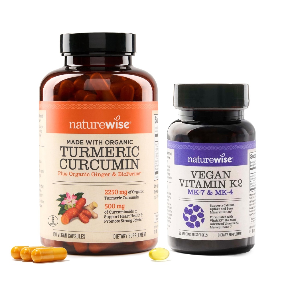 NatureWise Curcumin Turmeric 2250mg med BioPerine & Vegan Vitamin K2 MK-7 100mcg och MK4 500mcg - 180 greve & 90 Softgels