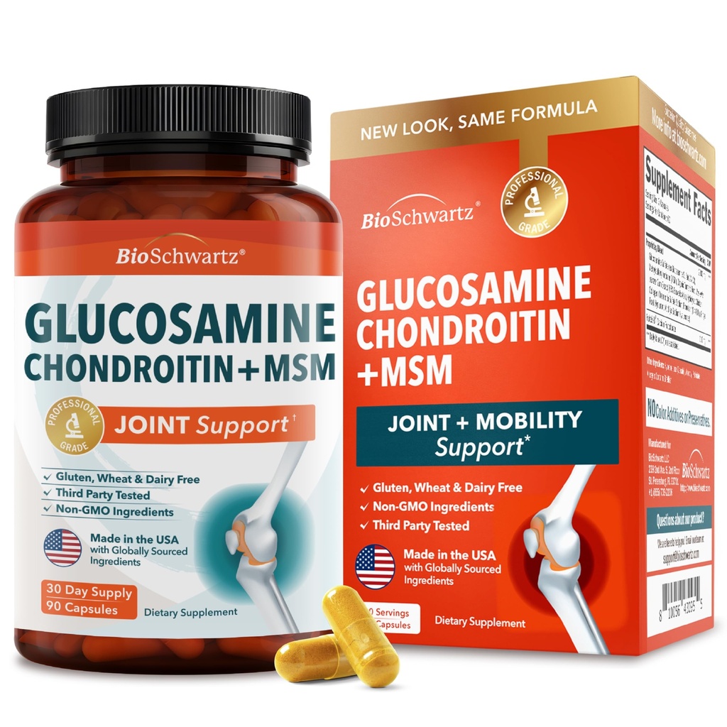 Glukosamiini Chondroitin MSM Joint Support Supplement - Collagen Peptides, Turmeeric ja Inkivääri, Hyaluronic Acid, Glukosamiini Chondroitin Sulfate Joint Comfort - Gluteeniton, Ei GMO, 90 kapselia