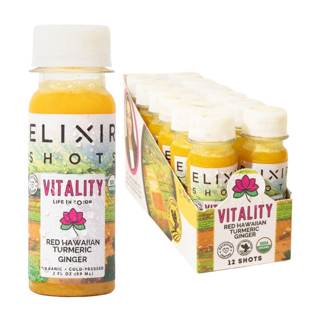 Elixir Shots, Vitality Immunity Wellness Skott med 100% organiska ingredienser, kallpressad Red Hawaiian Turmeric, Peruvian Ginger, Pineapple och Black Pepper, No Sugar eller Artificial Additives, 12 Pack