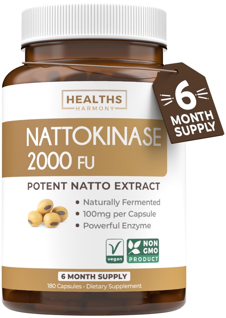 Terveys Harmony Nattokinaasi 2000 FU (ei-GMO) Tehokas Nattokinaasi Supplement valmistettu luonnollisesti fermentoitu soijapapuja - (6 kuukauden tarjonta) 180 Vegan Natto kapselit