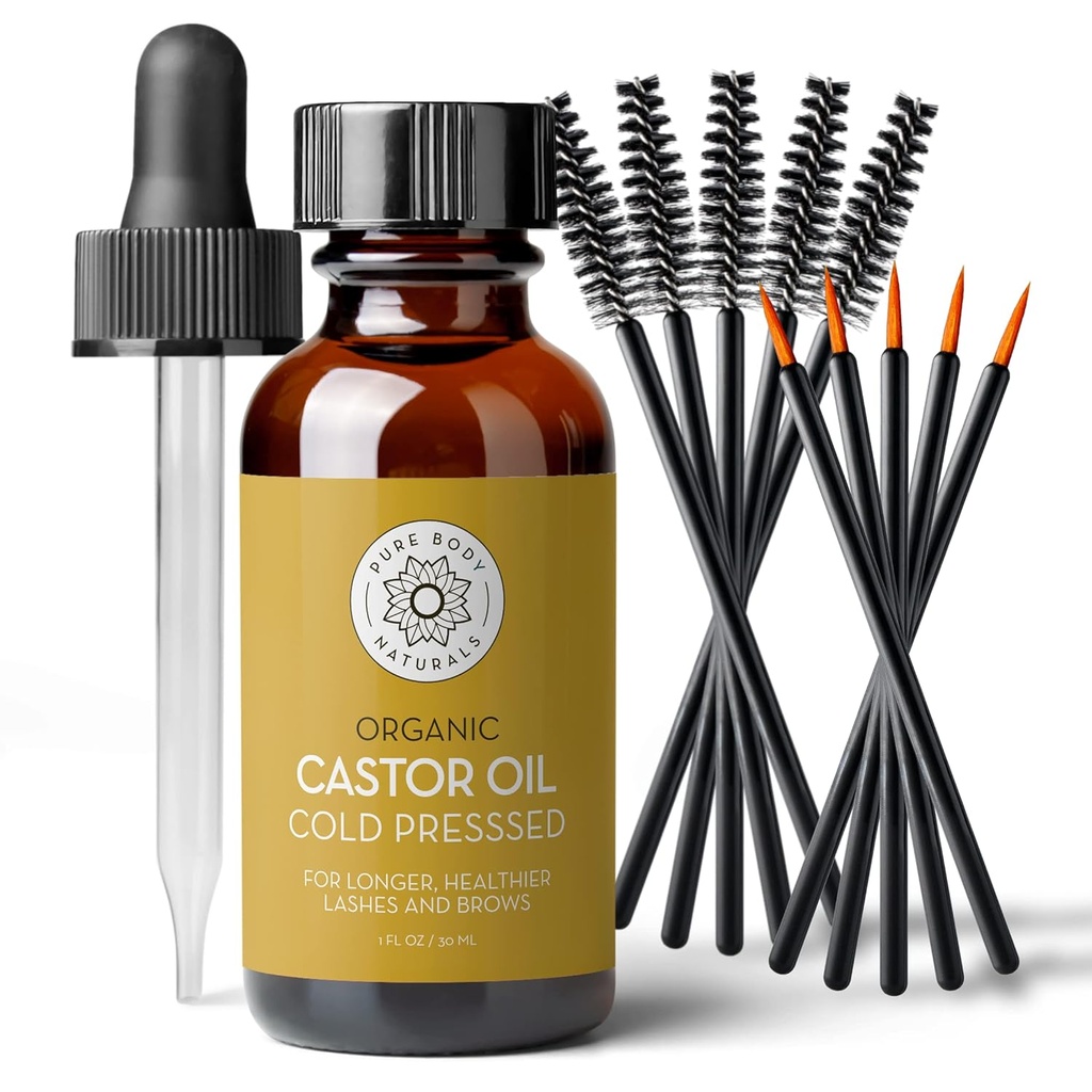 Pure Body Naturals Castor Oil for Eye ripsien ja kulmakarvojen - 1 Fl Oz ravitseva Brow & Lash Growth Serum - Orgaaninen, Heksaanivapaa, kylmäpuristettu, jalostamaton - Silmäripsi ja kulmakarvojen kasvu seerumi naisille