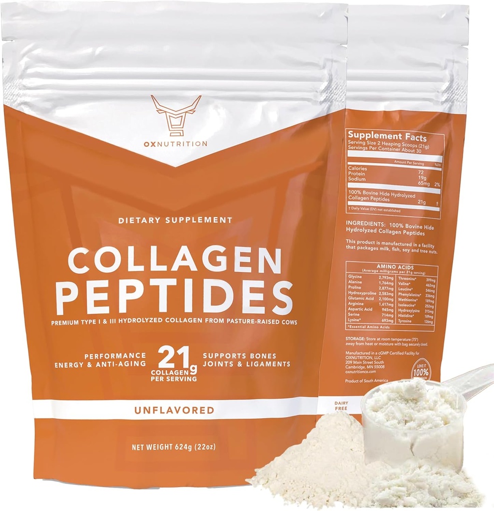 OX Collagen Powder for Women Miehet (22oz) Tyyppi I & III Makuton & Odorless Easy-Mix Hydrolyzed Peptan Protein Peptides Joint Hair Skin & Nail Support Gluteeniton Keto Paleo Grass-Fed Kosher