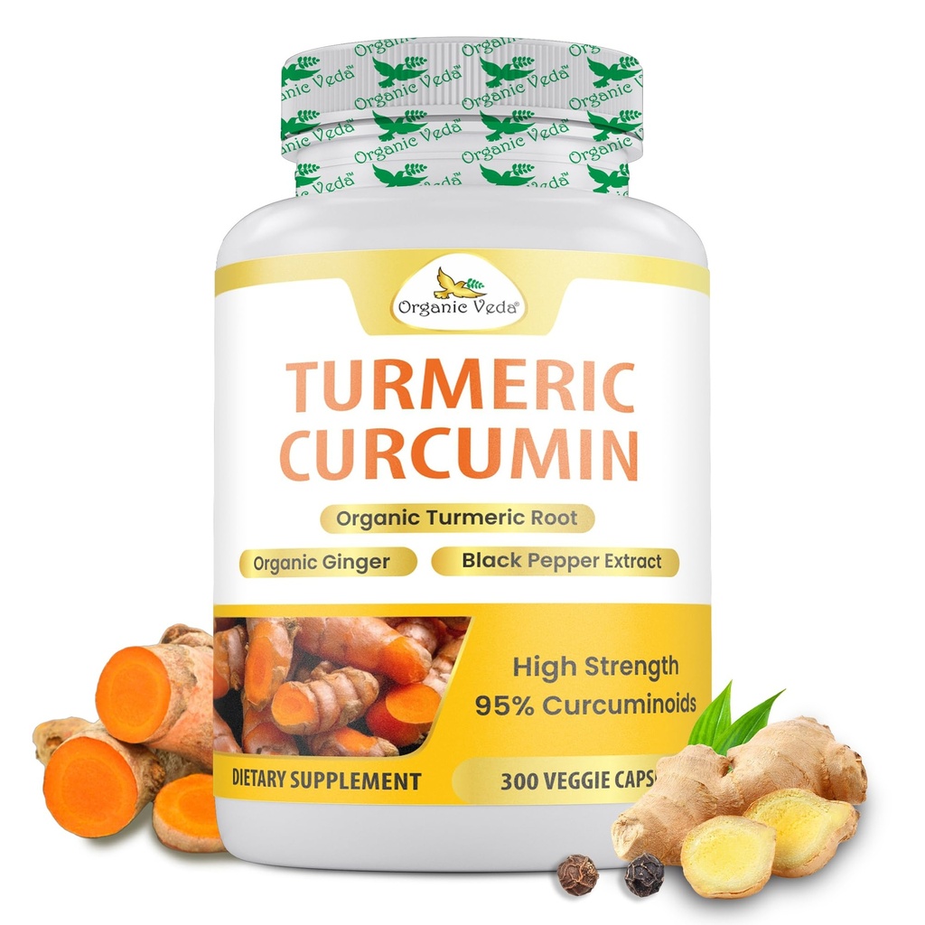 Organic Veda Turmeric och Ginger Capsules 300 Pills - Organisk gurkmeja Curcumin med Black Pepper för gemensamt stöd - Non GMO, Gluten Free, Turmeric och Ginger Supplement (95% curcuminoids)