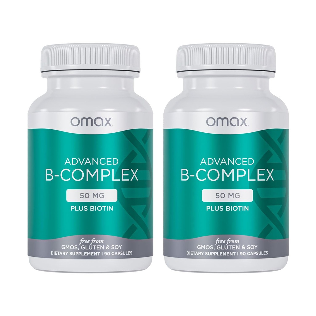 Omax3 2 flaskor - Avancerad vitamin B Komplex 50MG med Biotin | Stark & Shiny Hair, Skin Nails, Support Stress, Immunity, Energy Metabolism, 90 kapslar /per flaska