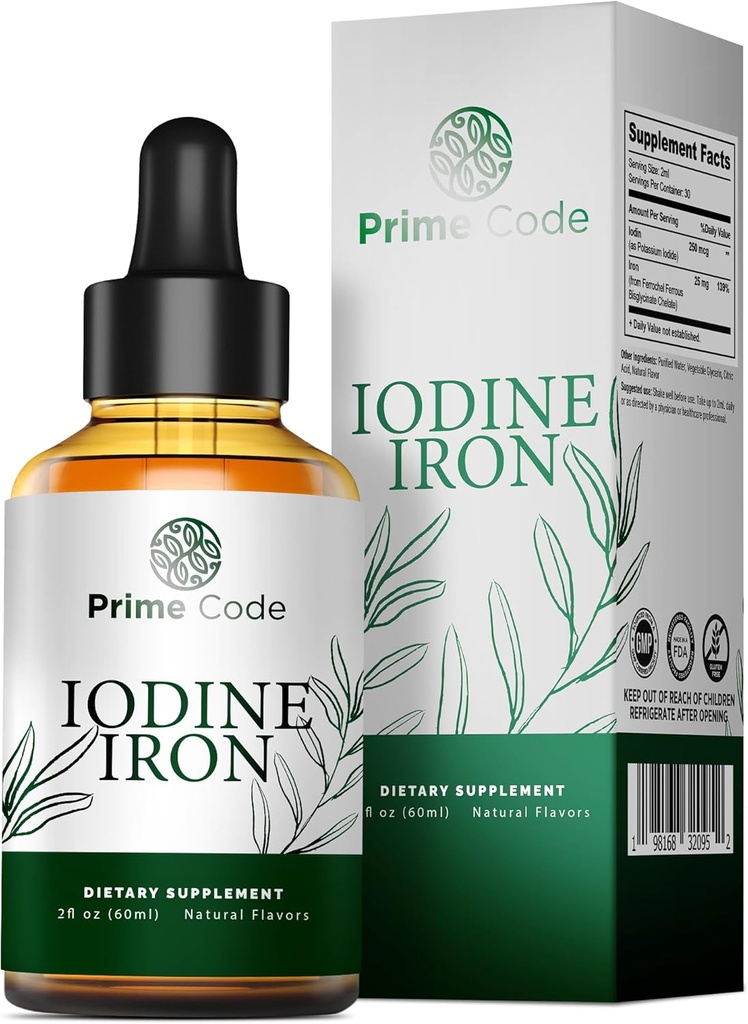 Prime Code [2 in 1] Jodi Liquid Supplement with Iron - Jodi Supplement Drops for Kilpirauhasen 250 mcg - Tukee Kilpirauhasen ihon terveys - Luomu, Vegaani, ei-GMO, Alkoholi ja Gluteenittomat
