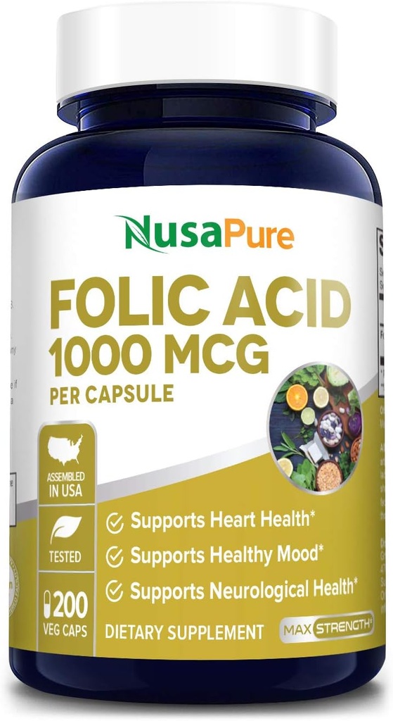 NusaPure Folic Acid 1000mcg 200 Kasviskapselit (GMO, kasvissyöjä, Gluteeniton)