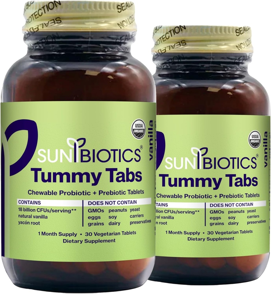 SUNBIOTICS Maha- välilehdet - pureskeltavat Probiootit ja prebiootit tabletit 18 miljardia PMY 4 Probioottikannat Good Gut Flora, Immuunijärjestelmä, & Balanced Microbiome - Vanilla, (paketti 2)