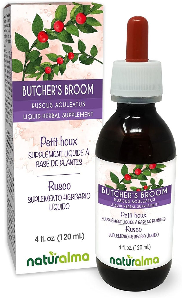 Naturalma Butcher's Broom (Ruscus aculeatus) Juuri Alkoholiton Tincture - 4 fl oz Liquid Extract in Drops - Kasviperäisten Supplement - Vegan