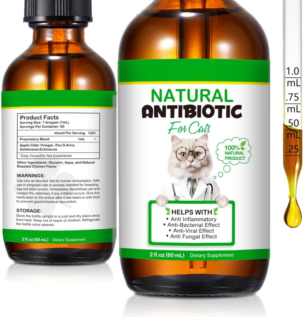 60ML Antibiootit kissoille, Premium Cat Antibiootit täydentää, Kissat Multivitamiini, Luonnollinen Antibiootti kissoille, Kissa Antibiootit, Kissa Antibiootit Tukee Immuuni & Kissat Allergia Relief-2 Fl Oz