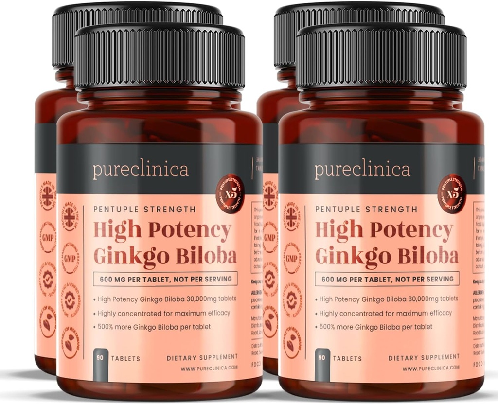 Pureclinica High Potency Ginkgo Biloba 30 000 mg x 360 tablettia (4 pullo 90) - 12 kuukautta toimitus - 5 Kertaa Kilpailijatuotteiden vahvuus