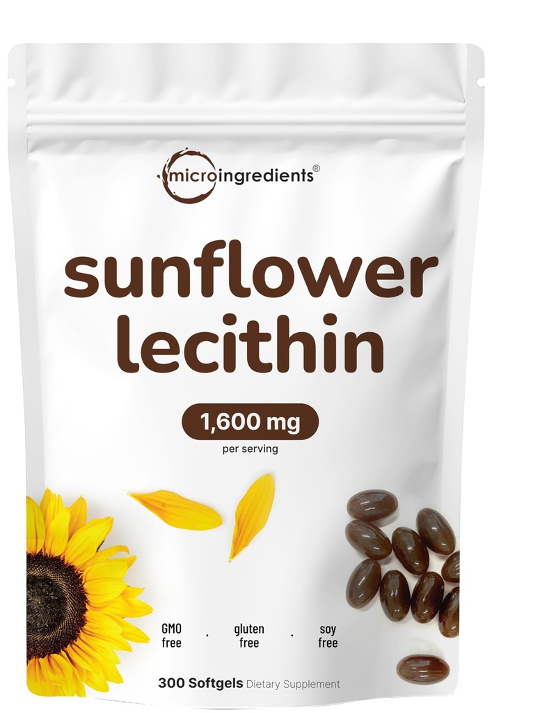 Micro Ingredients Auringonkukkalesitiini 1,600mg Per Serving, 300 Softgels 