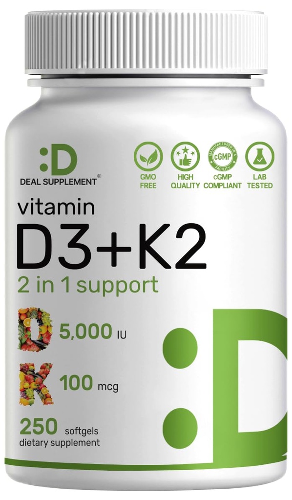 DEAL SUPPLEMENT Vitamin D3 5 000 IE + K2 MK7 Softgels, 250 greve | 2-i-1 Complex | Lätt att svälja