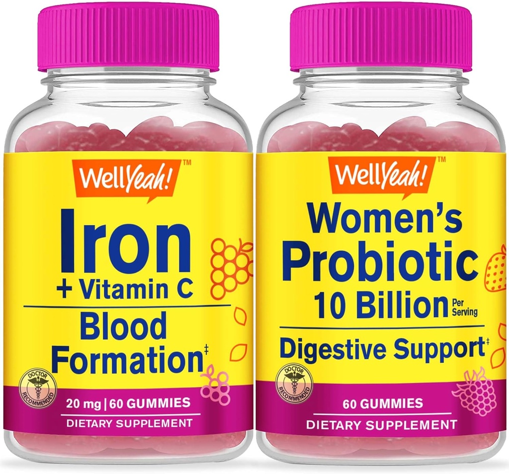 WellYeah Iron + Vitamin C + Probiotika Kvinnor 10B CFU, Gummies Bundle - Stor smak, vitamintillskott, Gluten Free, GMO Free, Chewable Gummy