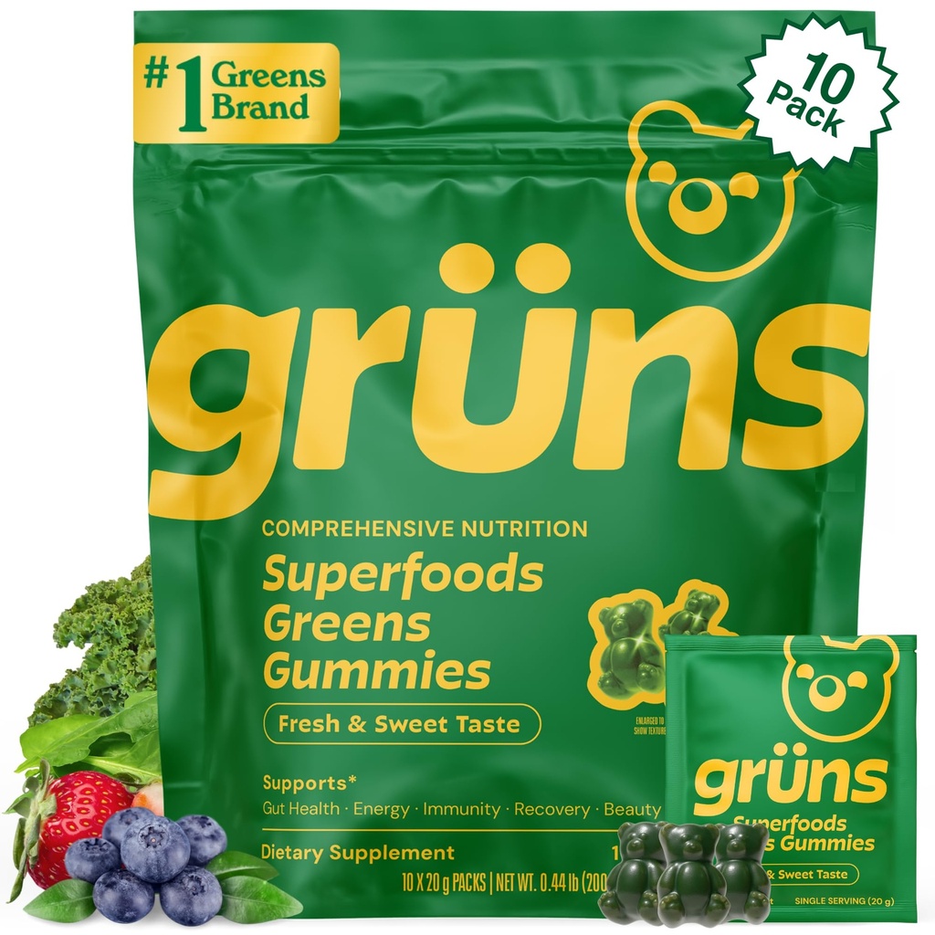 Gruns Adult Super Greens Gummies - Superfood Gummy Bears kanssa Spirulina, Klorella & Prebiootit digestiivinen terveys - Adaptogens täydentää 20 vitamiinit ja mineraalit, alhainen sokeri- 2-viikkoinen tarjonta