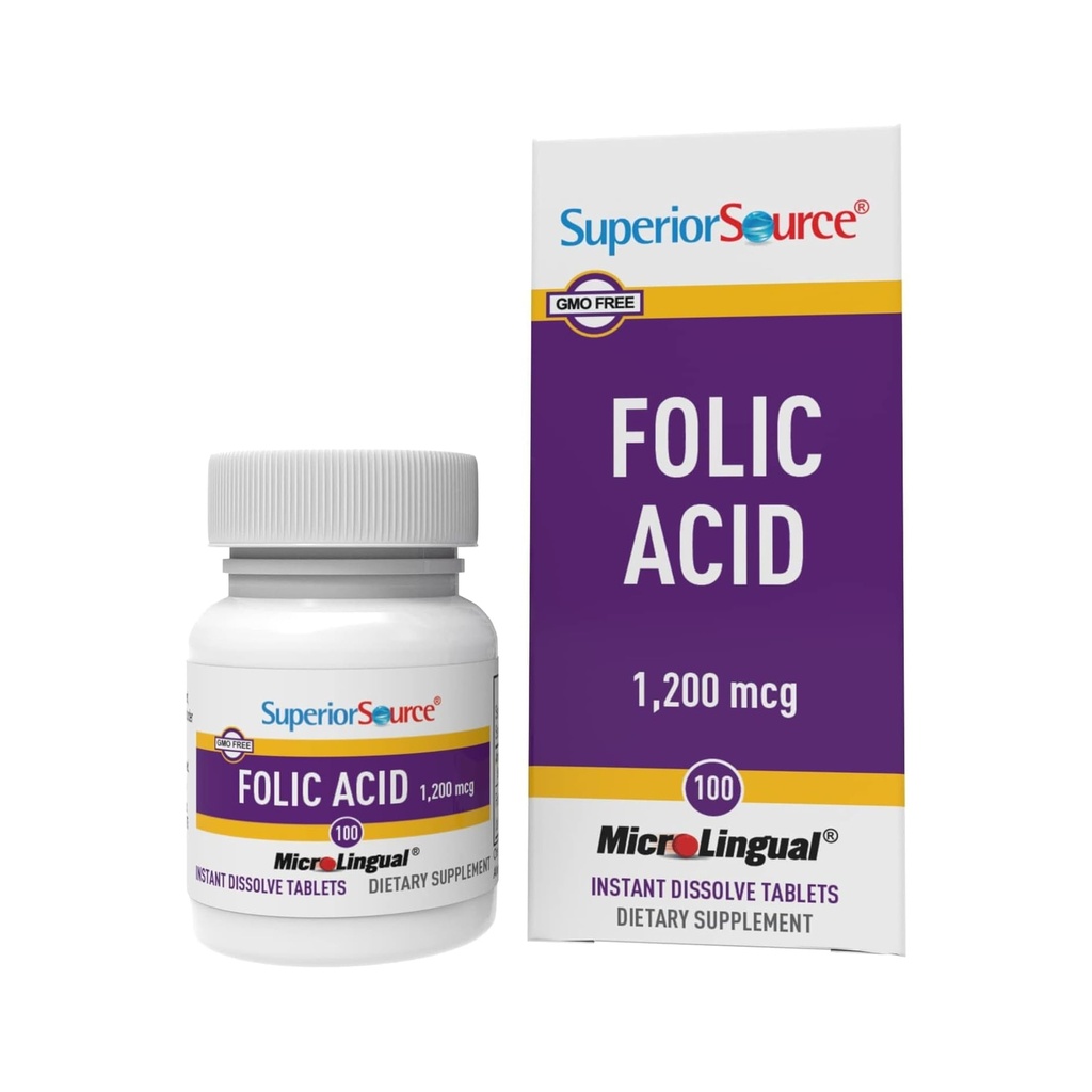 Superior Source Folic Acid 1200 mikrog - tukee sydämen, immuunijärjestelmän ja hermoston - 100 sublingual tablettia