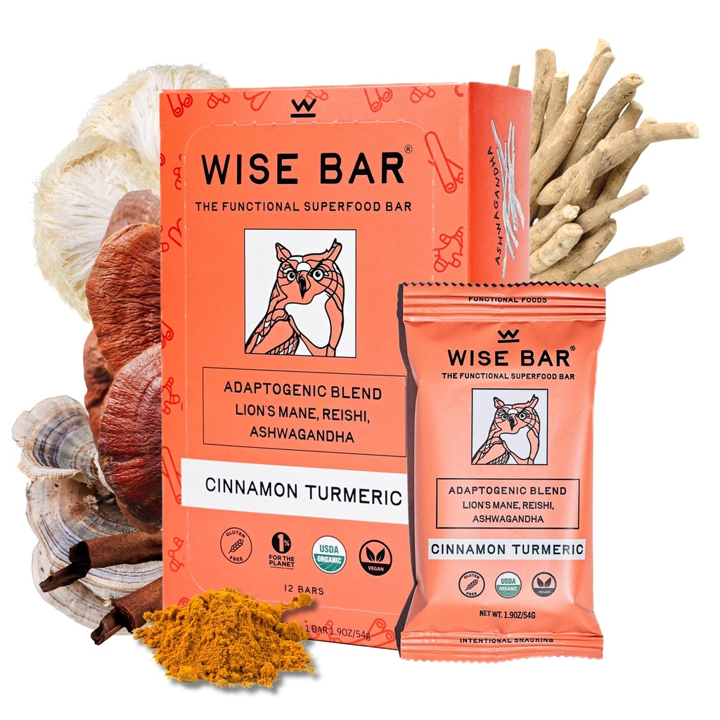 WISE BAR Adaptogen Mushroom Nutrition Bars with Reishi, Lions Mane & Ashwagandha, Organic Vegan & Gluteenittomat Välipalat Natural Focus, Energy & Immuniteetti Support, Kaneli Turmeric Flavor, 12 Count