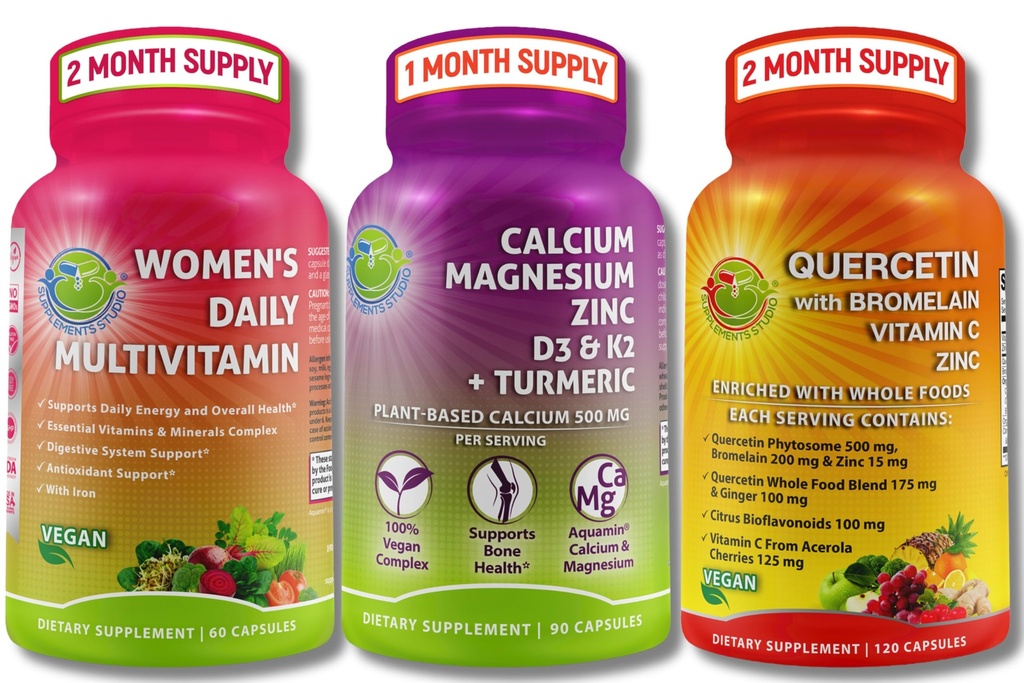 Plantbaserade Immune, Bone & Energy Support Bundle - Quercetin med Bromelain, Vitamin C & Zink + Calcium Magnesium med D3, K2 & Turmeric + Kvinnors Multivitamin med järn & organiska Superfoods