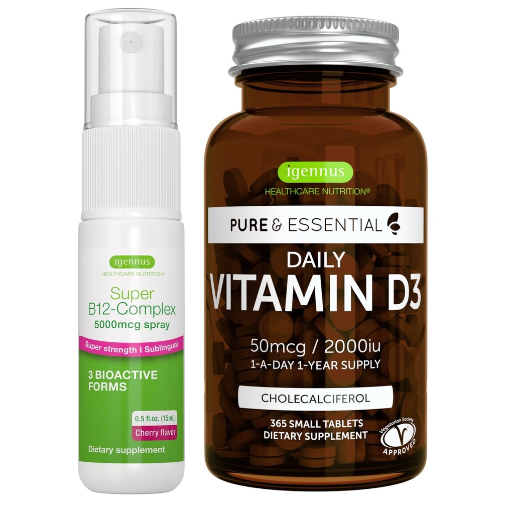 Päivittäinen D3-vitamiini + Super B12-Complex 5000 mcg Kasvissyöjä Bundle, 365 2000iu D3-vitamiinitabletti + suuri vahvuus B12 kirsikka Maku Sublingual Spray, kirjoittanut Igennus
