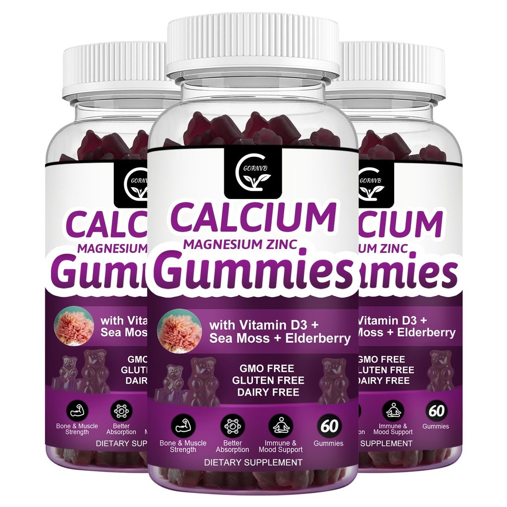Kalcium Magnesium Zink Gummies med High Absorption Magnesium Glycinate Potassium - Plant Complex Calcium Magnesium 2:1 Ratio, med D3 Sea Moss för ben, muskler, Immune & Sleep Support, Vegan-3 Pack