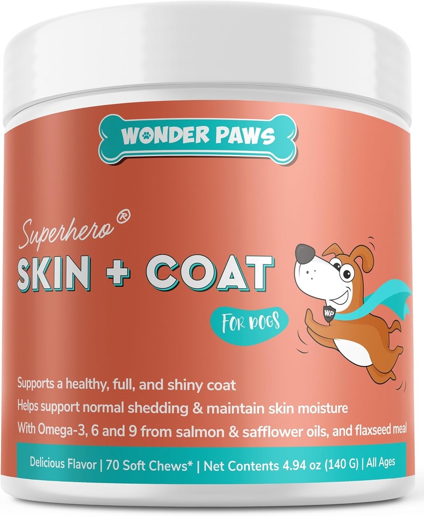 Wonder Paws Skin & Coat Supplement för hundar med laxolja, Omega 3 & 6, EPA & DHA, främjar hälsosam hud och Coat, Itchy Relief, Joint and Overall Health, Delicious Flavor, 70 skin & coat Soft Chews