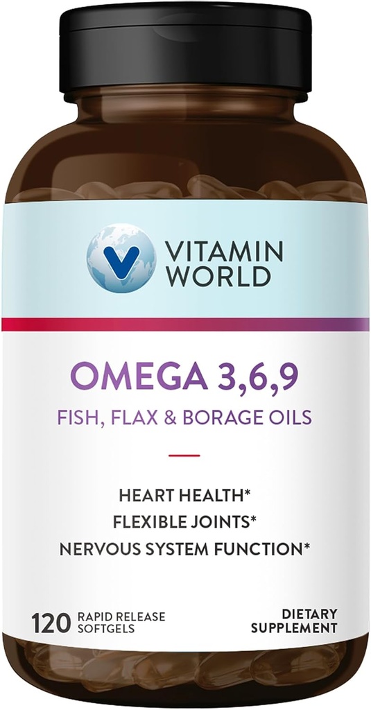 Vitamiini World Triple Omega 3-6-9 3000 mg kanssa kala, pellava, Borage & ilta Primrose Oils, Omega-3 rasvahapot EPA & DHA, tukee sydän, aivot & immuuni terveys, Gluteeniton, 120 Softgels