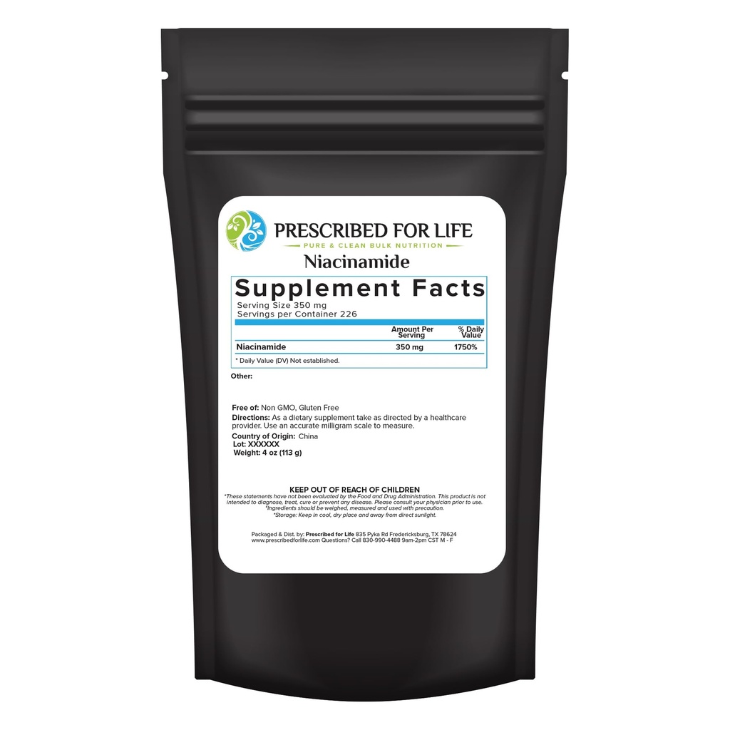 Määrätty elämään Niacinamidi Powder (B-C), Fine Granul USP Grade B3-vitamiini Powder, Natural Nikotinamidi Supplement, Gluteeniton, Ei GMO, Vegan, Niacinamidi Pura (4oz / 113 g)